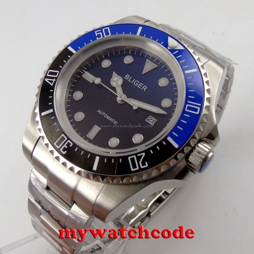 44mm bliger black blue Sterile dial luminous Ceramic Bezel automatic mens watch