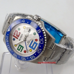 40mm Bliger white dial blue ceramic bezel date window automatic mens watch B60