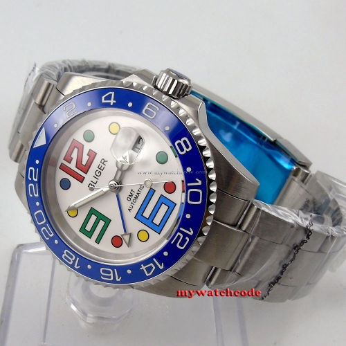 40mm Bliger white dial blue ceramic bezel date window automatic mens watch B60