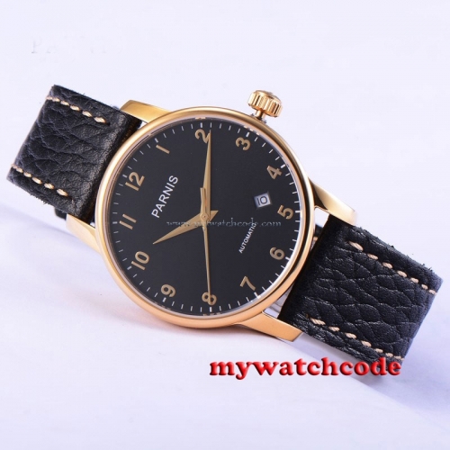 38mm parnis black dial date golden plated case miyota automatic mens watch P582