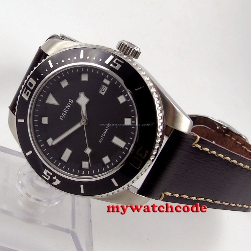 43mm Parnis black dial black bezel miyota automatic diving mens watch 592B