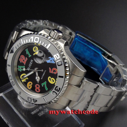 40mm Bliger black dial colorized marks ceramic bezel automatic mens wrist watch