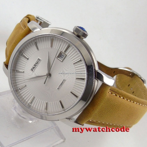41mm Parnis white dial cow leather strap Sapphire Glass Automatic mens Watch616