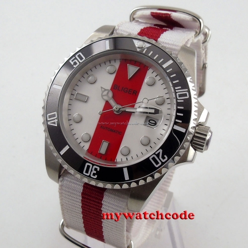 40mm bliger red & white dial date sapphire automatic movement mens watch 113B