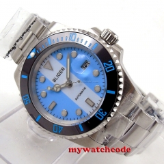 40mm Bliger blue white dial date sapphire glass automatic unsex womens watch 118