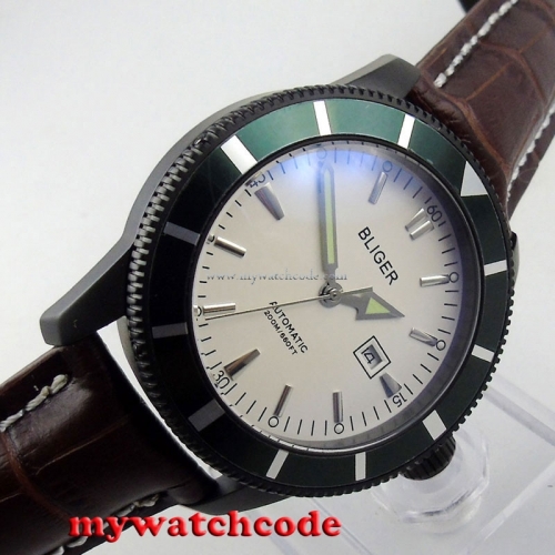 46mm bliger white dial PVD case luminous marks date automatic mens watch B133