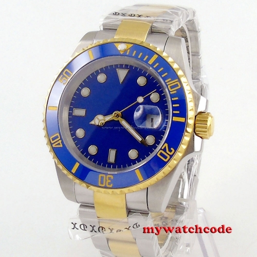 40mm Bliger blue sterile dial ceramic bezel gold case automatic mens watch B135