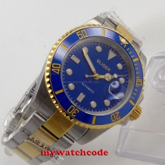 40mm Bliger blue dial ceramic bezel golden case date automatic mens watch B123