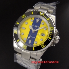 40mm bliger blue yellow dial date sapphire crystal automatic mens watch132