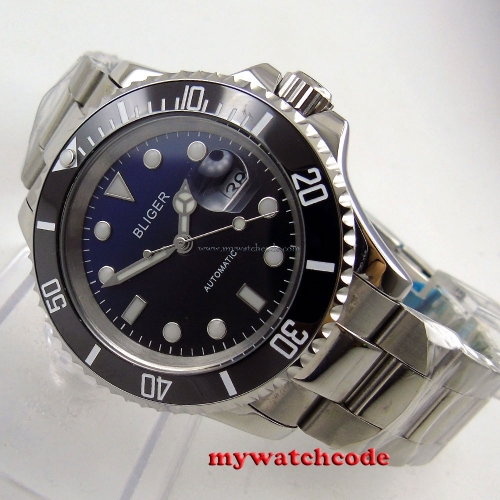 40mm Bliger blue black dial sapphire crystal automatic movement mens watch P137