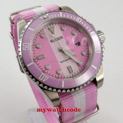 40mm Bliger pink dial date sapphire crystal automatic movement womens watch 115