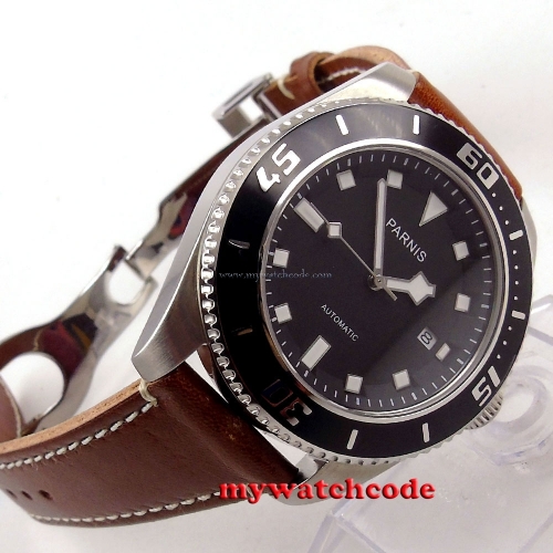 43mm Parnis black dial black bezel date miyota automatic diving mens watch 591C