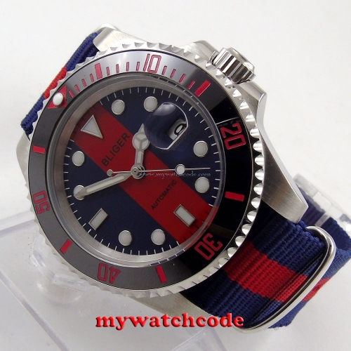 40mm bliger red blue dial sapphire crystal automatic movement mens watch B143