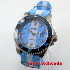 40mm bliger blue & white dial sapphire crystal automatic movement mens watch 155