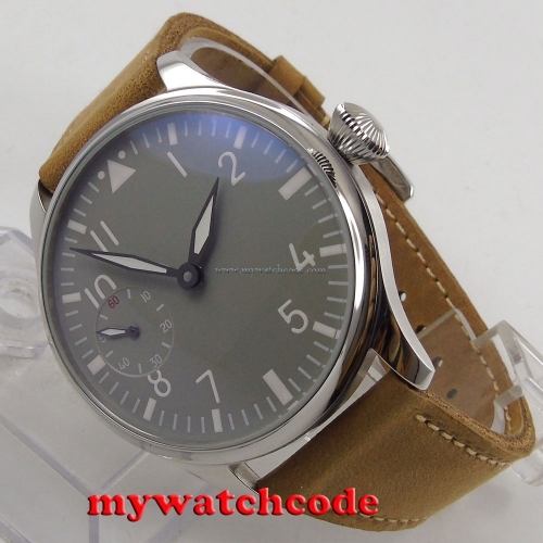 44mm parnis gray dial cow leather 6497 movement hand winding mens watch P458C