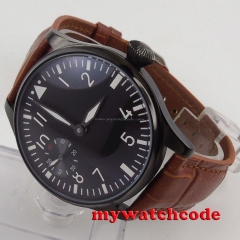 44mm parnis black dial luminous PVD 6497 hand winding brown strap mens watch 290