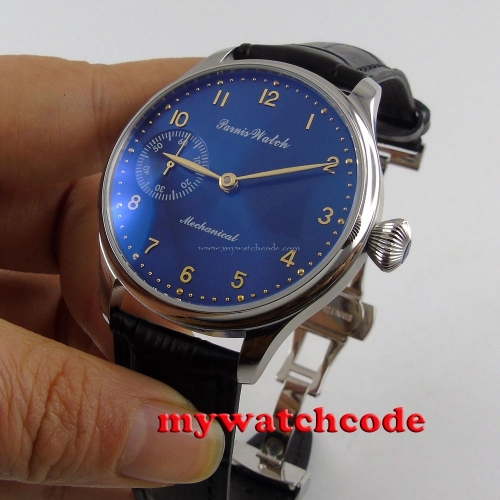 new arrive 44mm parnis blue dial 6497 movement hand winding mens watch P395