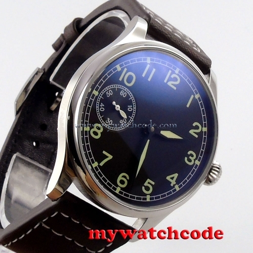 44mm parnis black dial 6497 movement leather strap hand winding mens watch P361