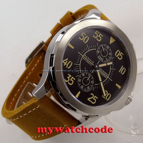 44mm Parnis black dial steel case Sapphire glass st 2542 Automatic Mens Watch