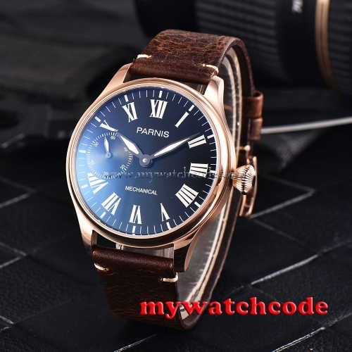 44mm parnis black dial golden plated hand winding 6497 mechanical mens watch 795