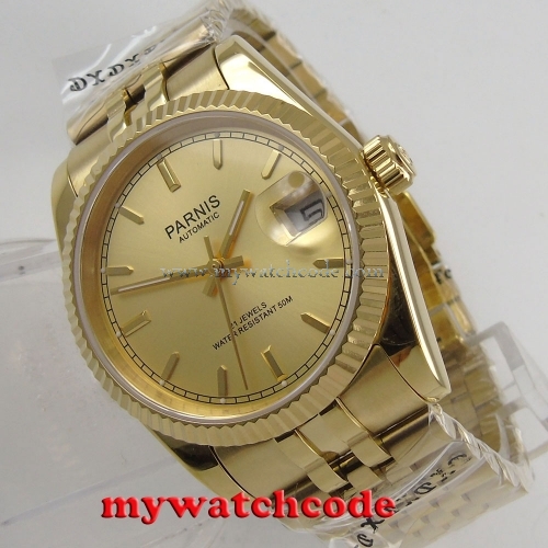 Luxury 36mm Parnis yellow gold dial Datejust Miyota 821A automatic mens watch sapphire glass all gold bracelet