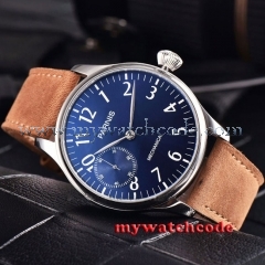new arrive 44mm parnis blue dial hand winding 6497 mechanical mens watch P801B