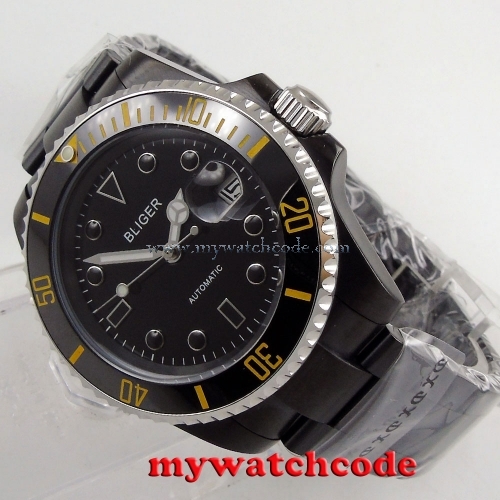 40mm Bliger black dial PVD ceramic bezel sapphire glass automatic mens watch 172