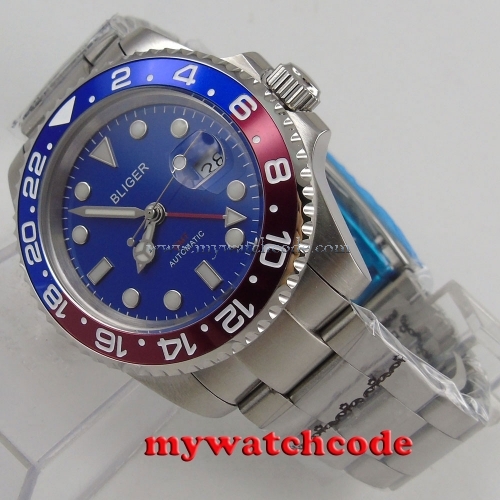 40mm Bliger  red blue bezel blue dial luminous GMT date sapphire glass automatic mens watch 180