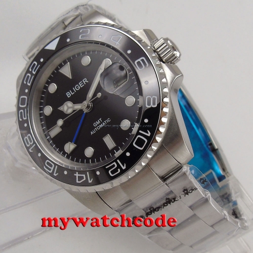 40mm Bliger black dial ceramic blue GMT sapphire glass automatic mens watch B177