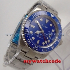 40mm Bliger blue dial luminous GMT date sapphire glass automatic mens watch 181