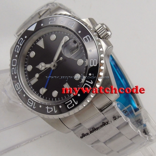 40mm Bliger black dial ceramic blue GMT sapphire glass automatic mens watch B177