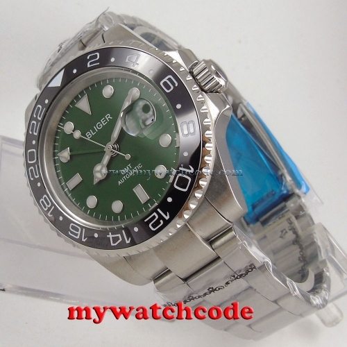 40mm Bliger green dial luminous GMT date sapphire glass automatic mens watch 187