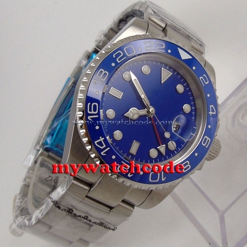 40mm Bliger blue dial luminous GMT date sapphire glass automatic mens watch 181