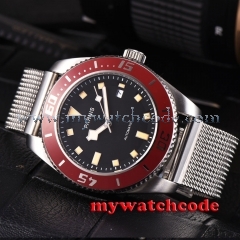 43mm parnis black dial red bezel sapphire glass miyota automatic mens watch P591