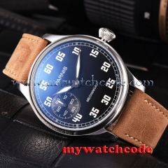 44mm parnis black dial luminous marks leather 6497 hand winding mens watch P808