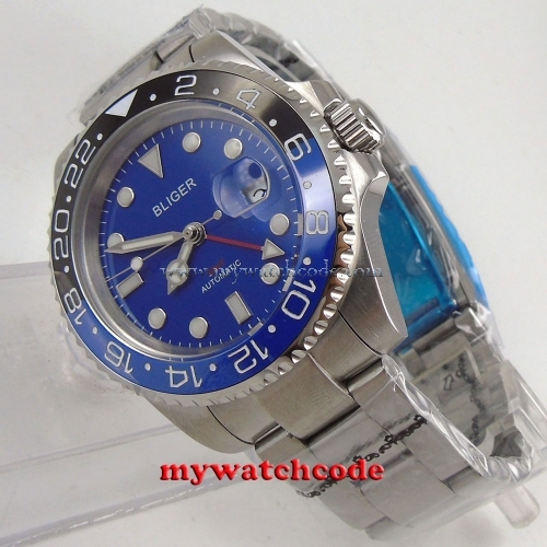 40mm Bliger blue dial ceramic bezel GMT sapphire glass automatic mens watch B190