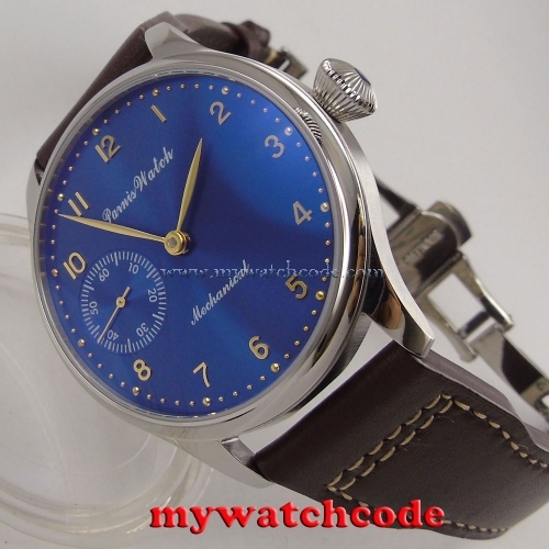 44mm parnis blue dial 6497 movement deployment calsp hand winding mens watch 395