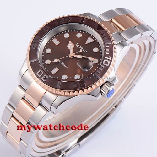 40mm Bliger brown dial ceramic bezel golden plated case automatic mens watch 196