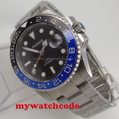 40mm Parnis black dial Sapphire glass GMT date window automatic mens watch P877 code