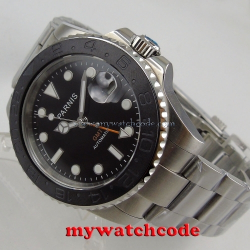 40mm Parnis black dial Sapphire brushed Ceramic bezel GMT automatic mens watch