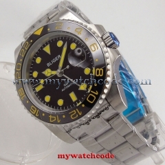 40mm bliger black dial GMT yellow marks date sapphire glass automatic mens watch
