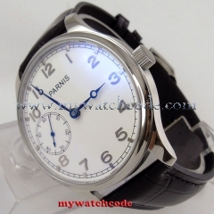 44mm parnis white dial blue hands aisa 6497 hand winding movement mens watch 899