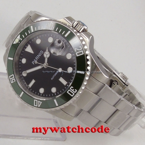 40mm Parnis black dial green bezel sapphire glass MIYOTA automatic Mens Watch