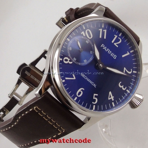 new 44mm parnis blue dial luminous marks 6497 movement hand winding mens watch