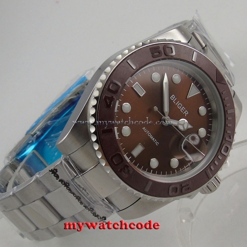 40mm Bliger brown dial ceramic bezel sapphire crystal date automatic mens watch