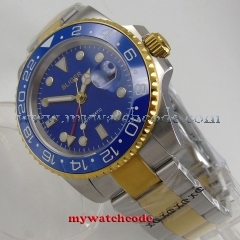 40mm bliger blue dial sapphire glass ceramic bezel GMT date automatic men watch