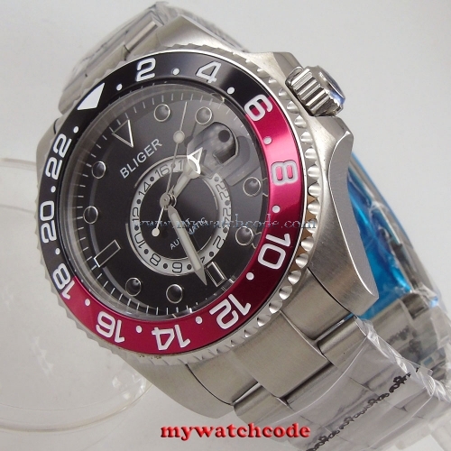 43mm Bliger black dial sapphire crystal date GMT Mechanical automatic men watch