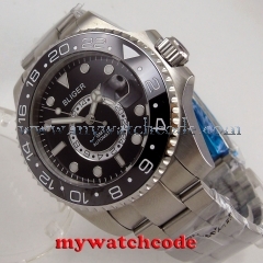 43mm bliger black dial luminous mark GMT sapphire glass automatic mens watch 206