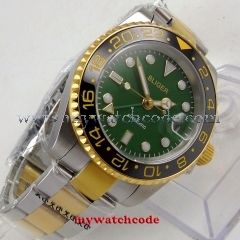 40mm bliger green dial luminous marks sapphire glass golden case GMT date automatic mens watch