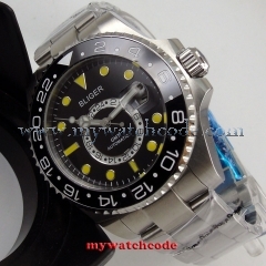 43mm bliger black dial ceramic bezel GMT sapphire glass automatic mens watch 208